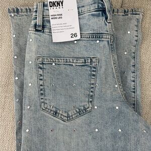 DKNY Light Blue High Rise Wide Leg Jeans with Silver Studs
